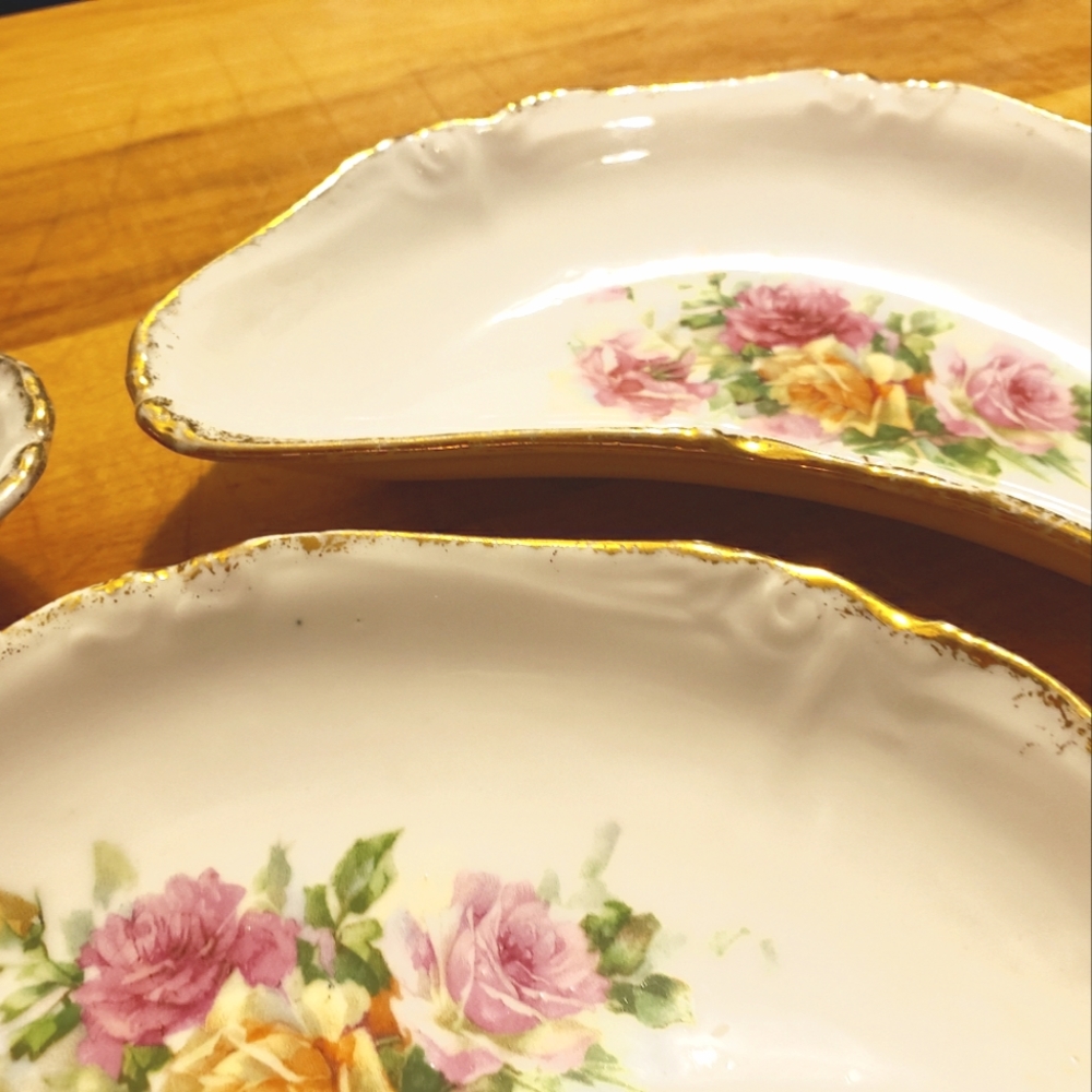 Vintage Moss Rose Dishes, x3